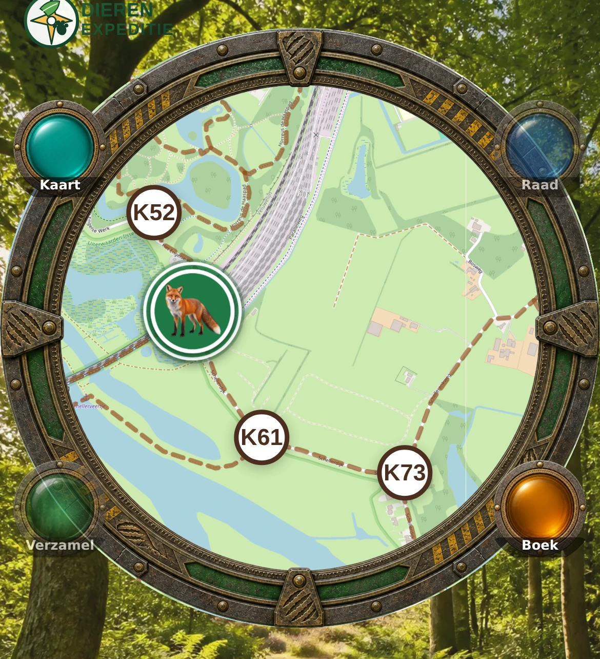 Kaart in Dierenexpeditie, met de spelrand, drie wandelknooppunten en een diermarker